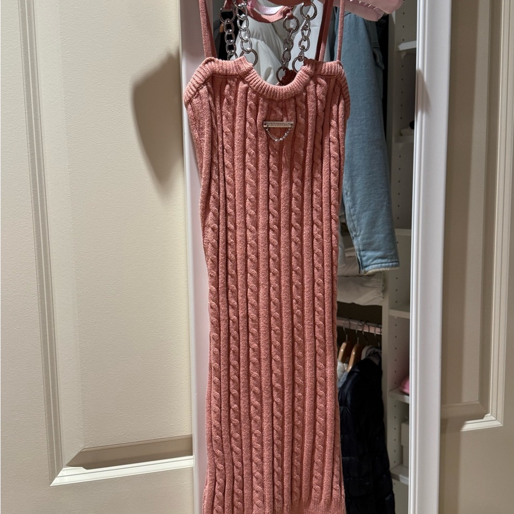 Pink Cable Knit Dress with Chain Straps
